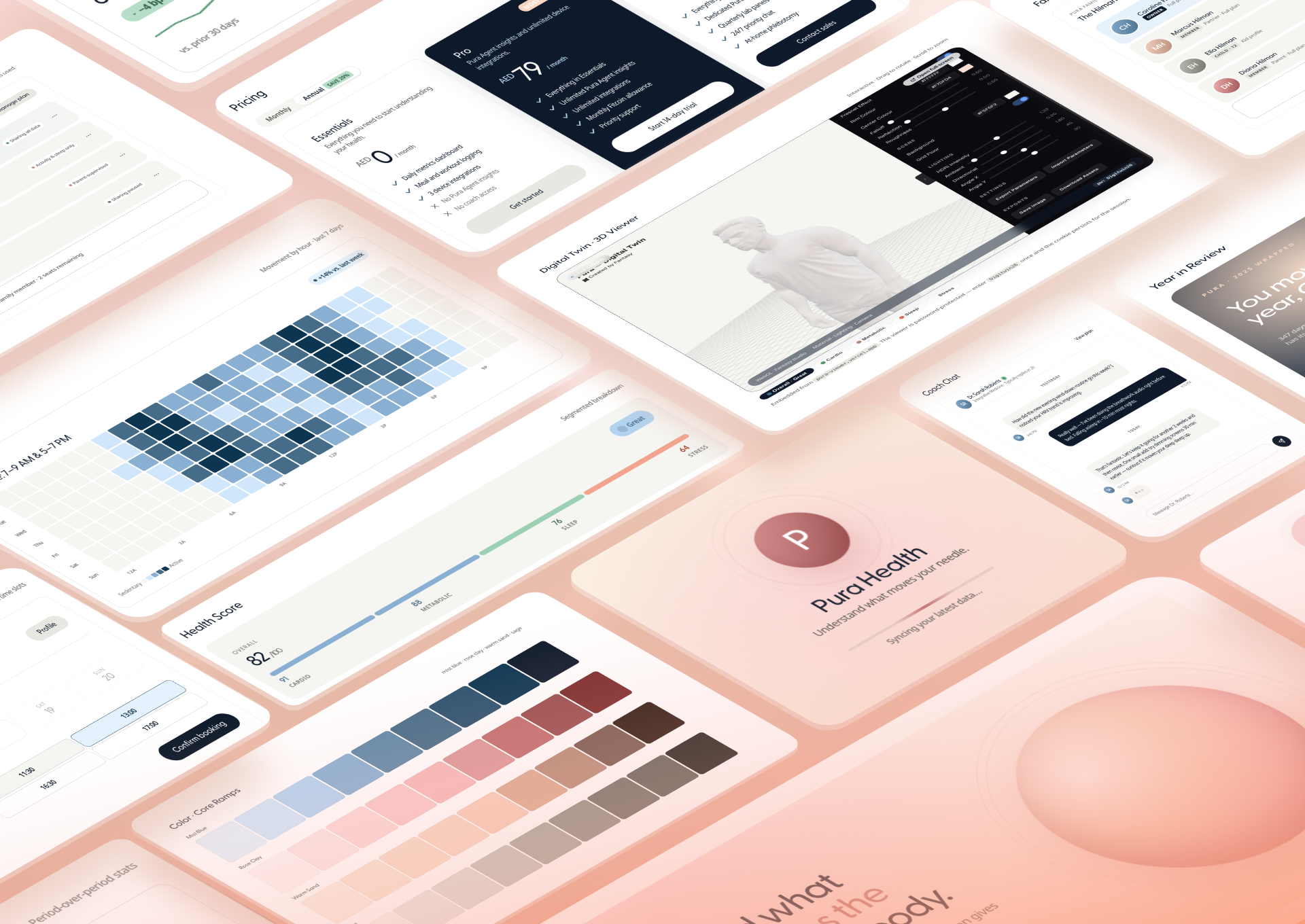 A Pura Health design system spread out as UI screens, color ramps, pricing cards, a health dashboard, and a 3D digital twin viewer, showing the components generated from the system.