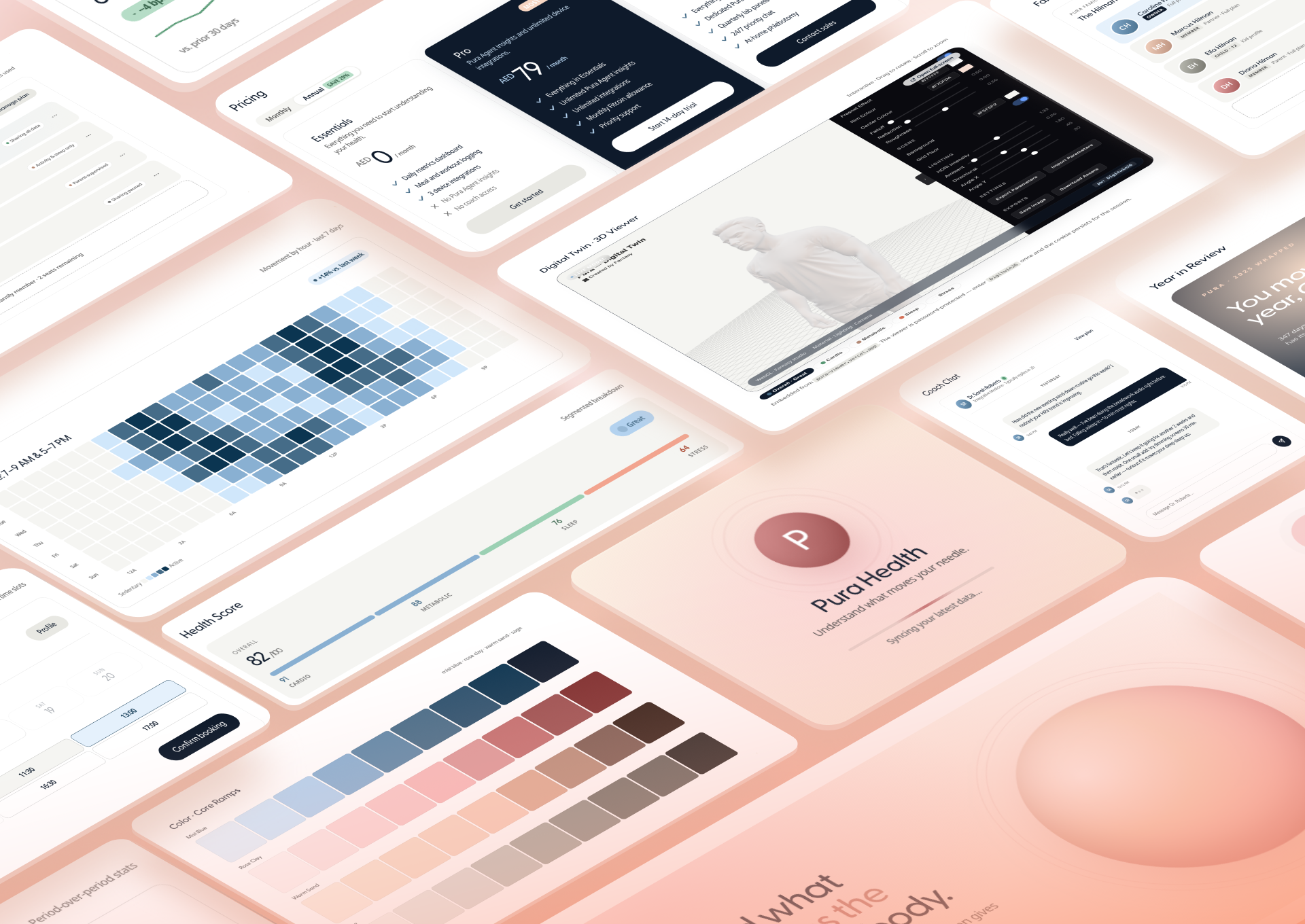 A Pura Health design system spread out as UI screens, color ramps, pricing cards, a health dashboard, and a 3D digital twin viewer, showing the components generated from the system.