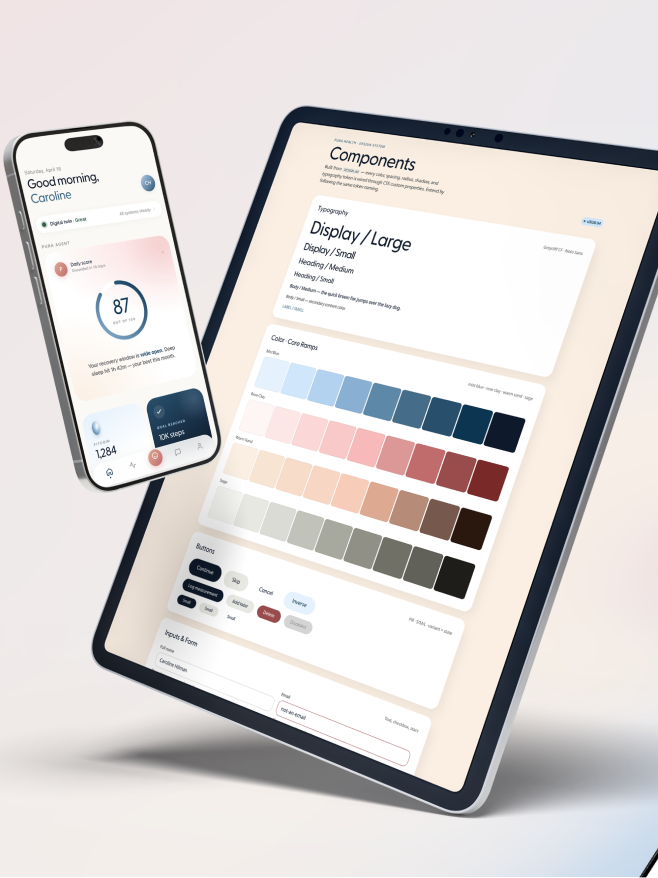 The Pura Health design system components page on a tablet, showing the typography scale, core color ramps, buttons, and form inputs, beside a phone running the app.