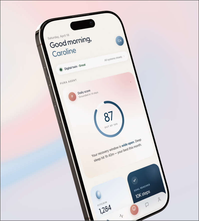 A generated mobile UI component on a phone: a daily health score dial, a recovery summary, and goal cards, all built from the design system tokens.
