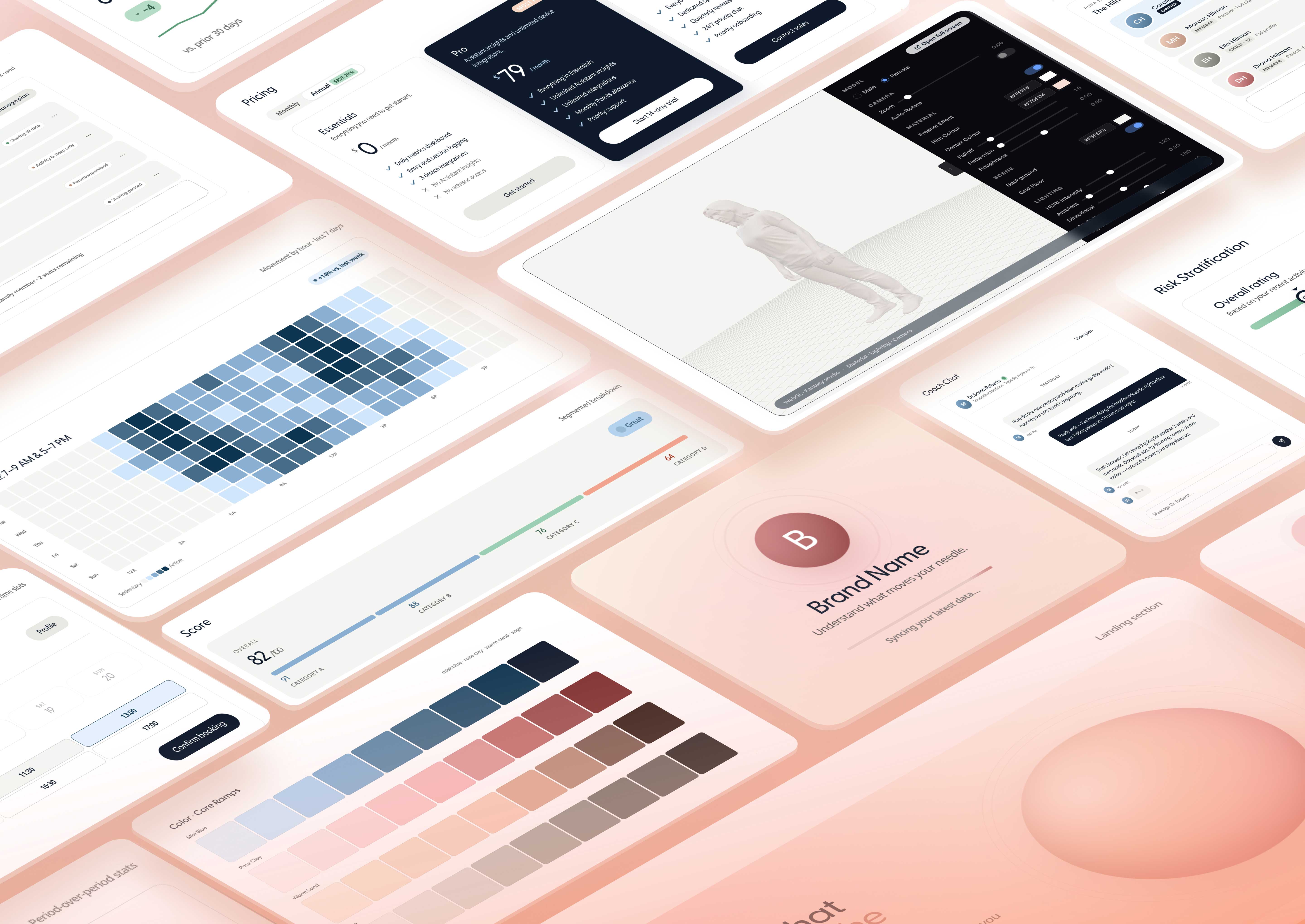 A design system spread out as UI screens, color ramps, pricing cards, a health dashboard, and a 3D digital twin viewer, showing the components generated from the system.