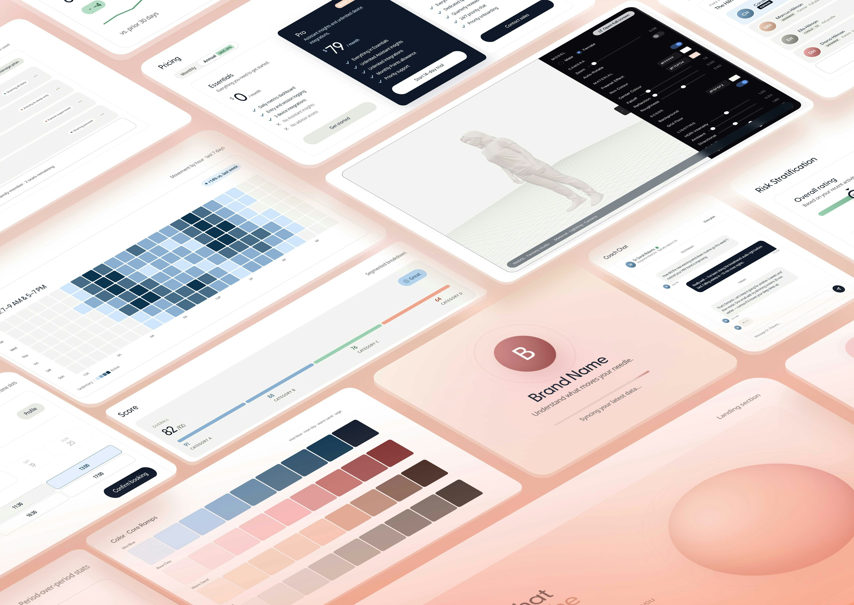A design system spread out as UI screens, color ramps, pricing cards, a health dashboard, and a 3D digital twin viewer, showing the components generated from the system.