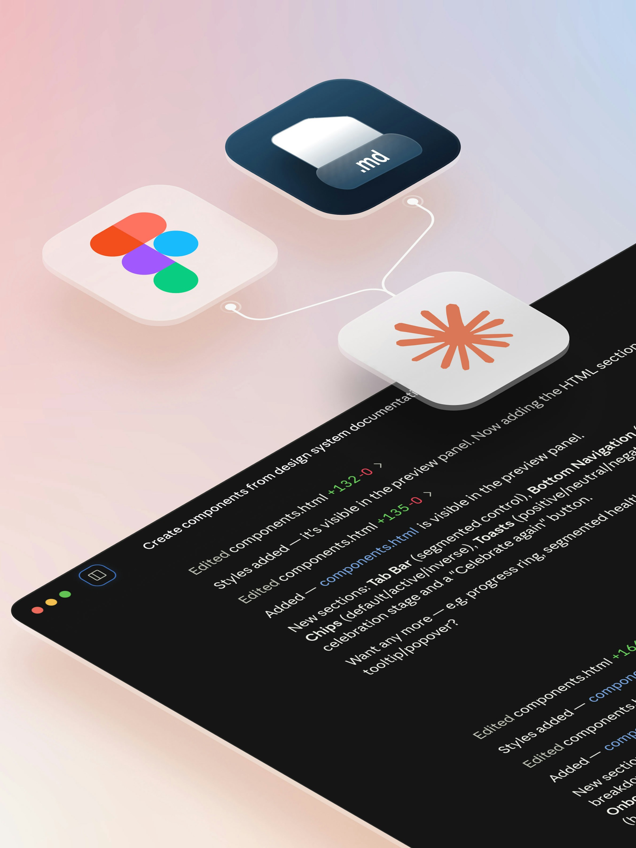 The DesignBridge Figma plugin exporting a design system into a single machine-readable .md file, which is then read as context in a Claude Code session.