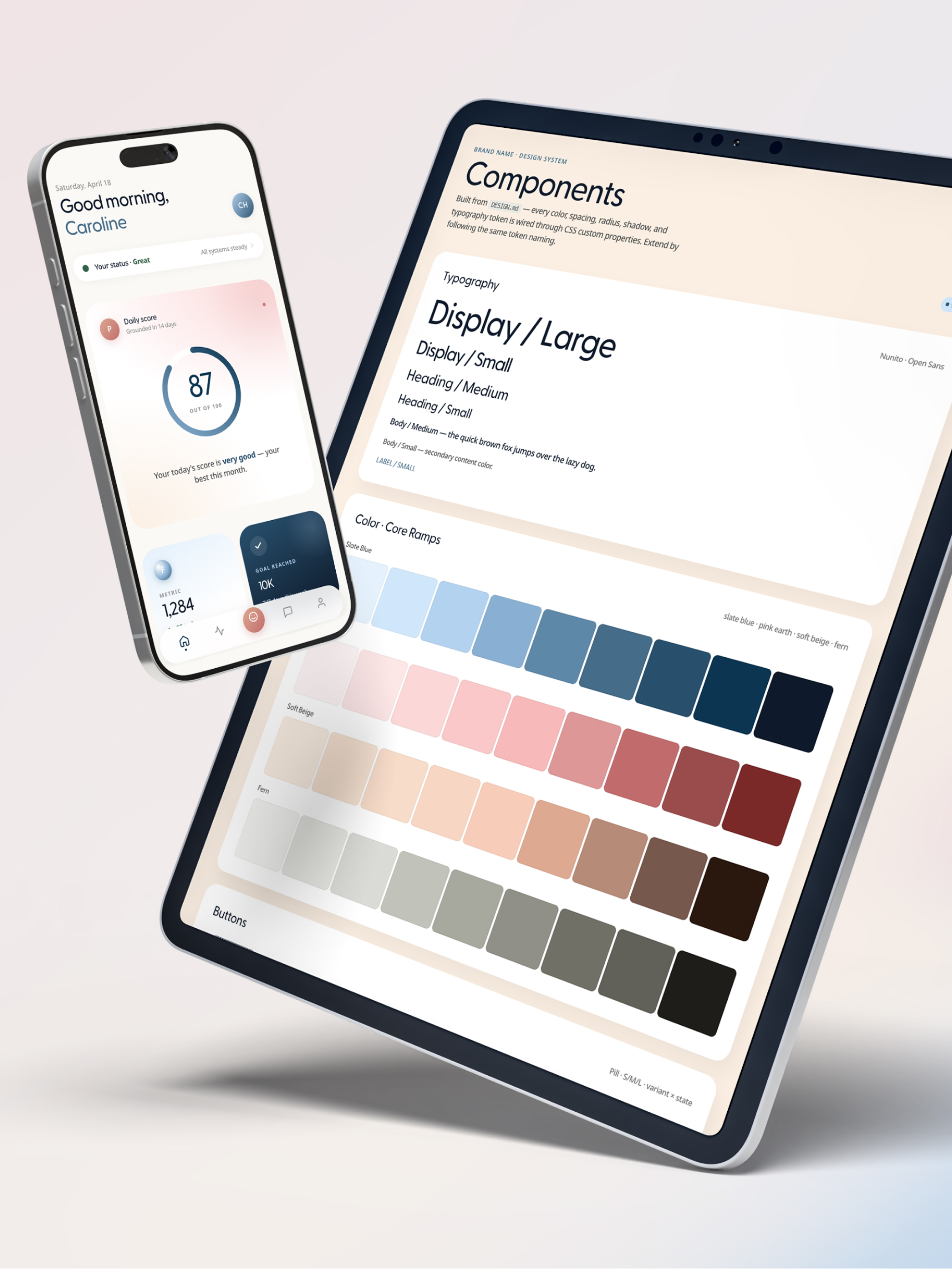 The design system components page on a tablet, showing the typography scale, core color ramps, buttons, and form inputs, beside a phone running the app.