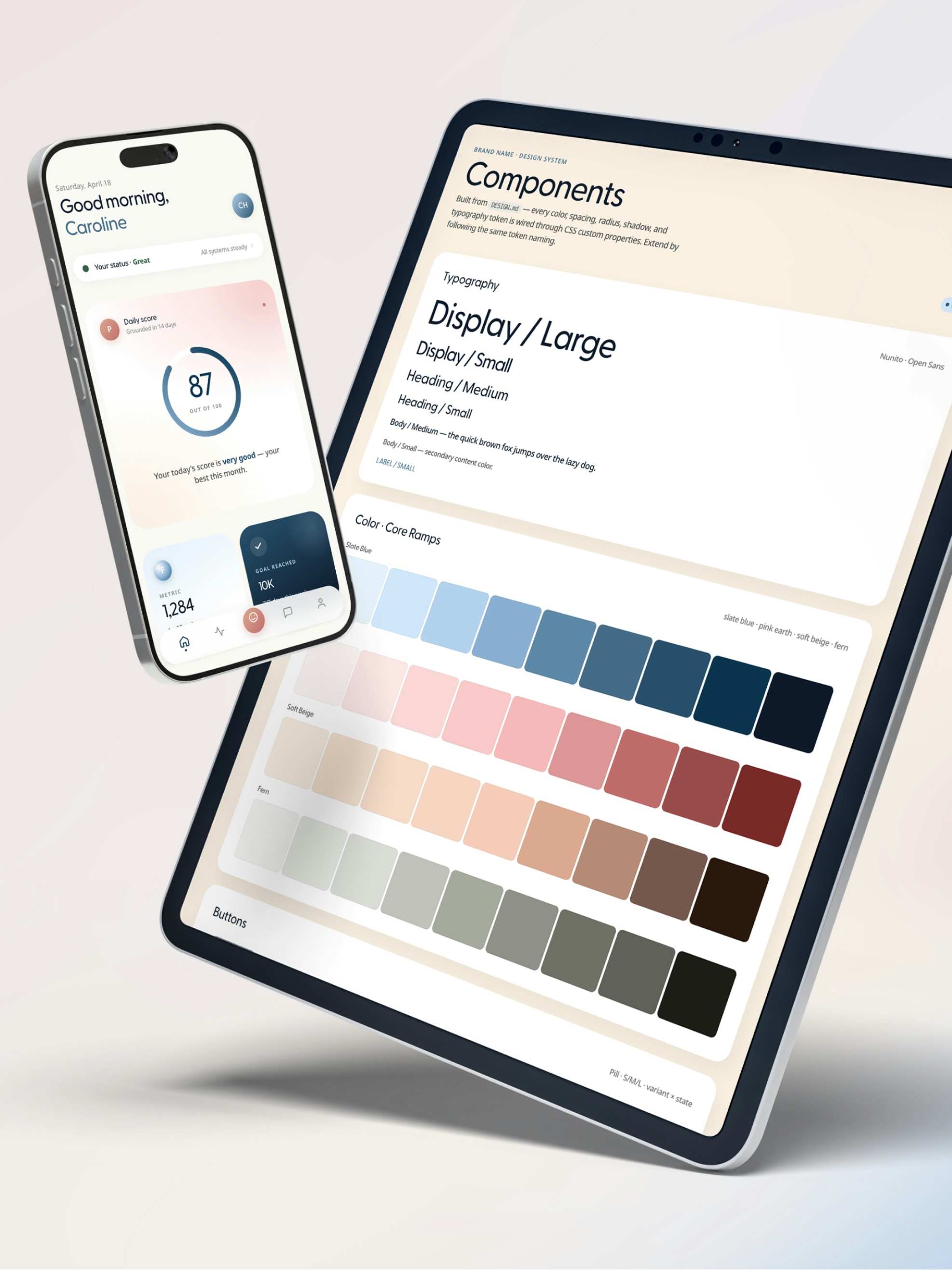 The design system components page on a tablet, showing the typography scale, core color ramps, buttons, and form inputs, beside a phone running the app.