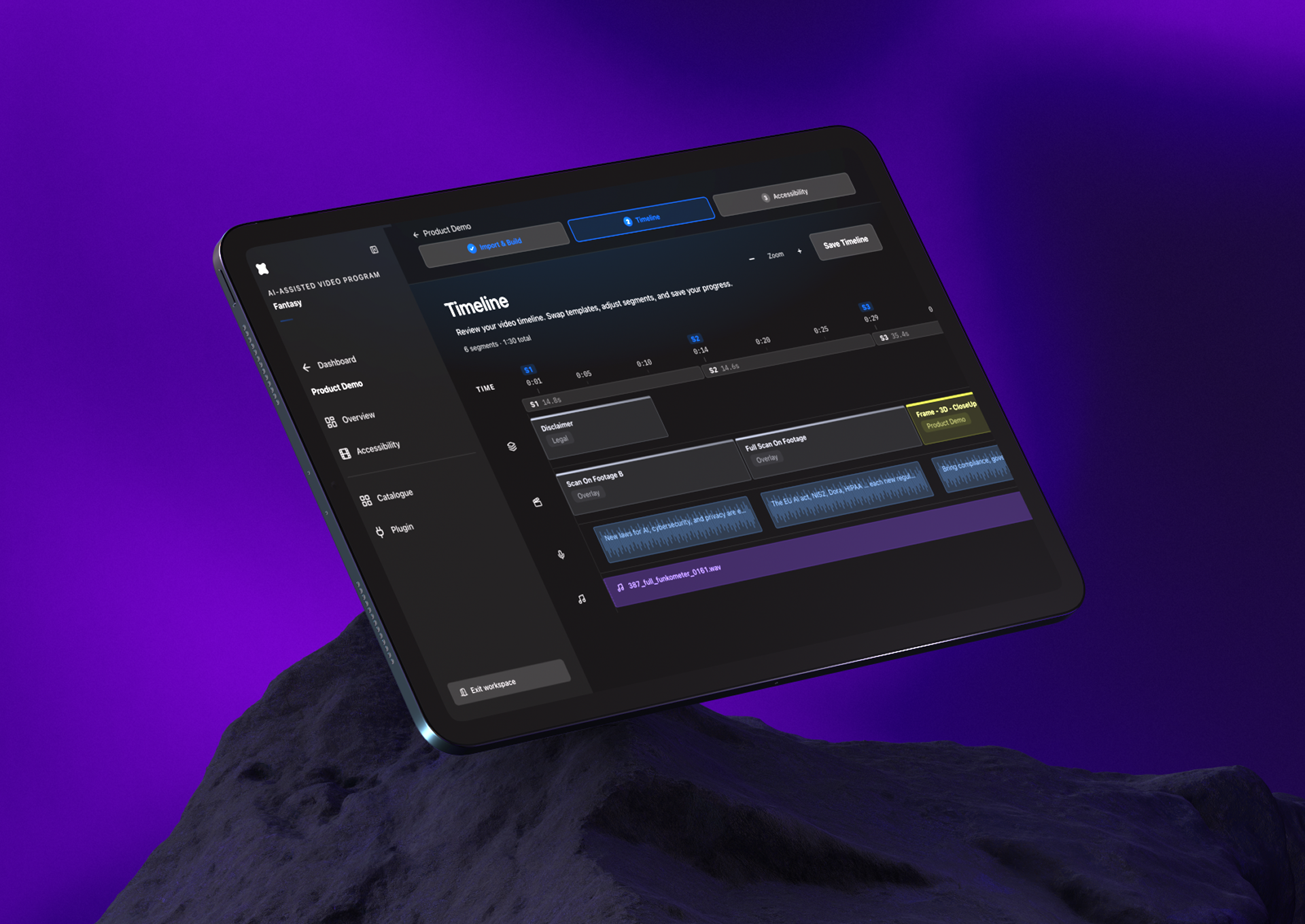 The AIA Timeline Builder timeline view on a tablet, showing a 1:30 edit built from six segments with MOGRT templates, voiceover, and music tracks laid out in Premiere order.
