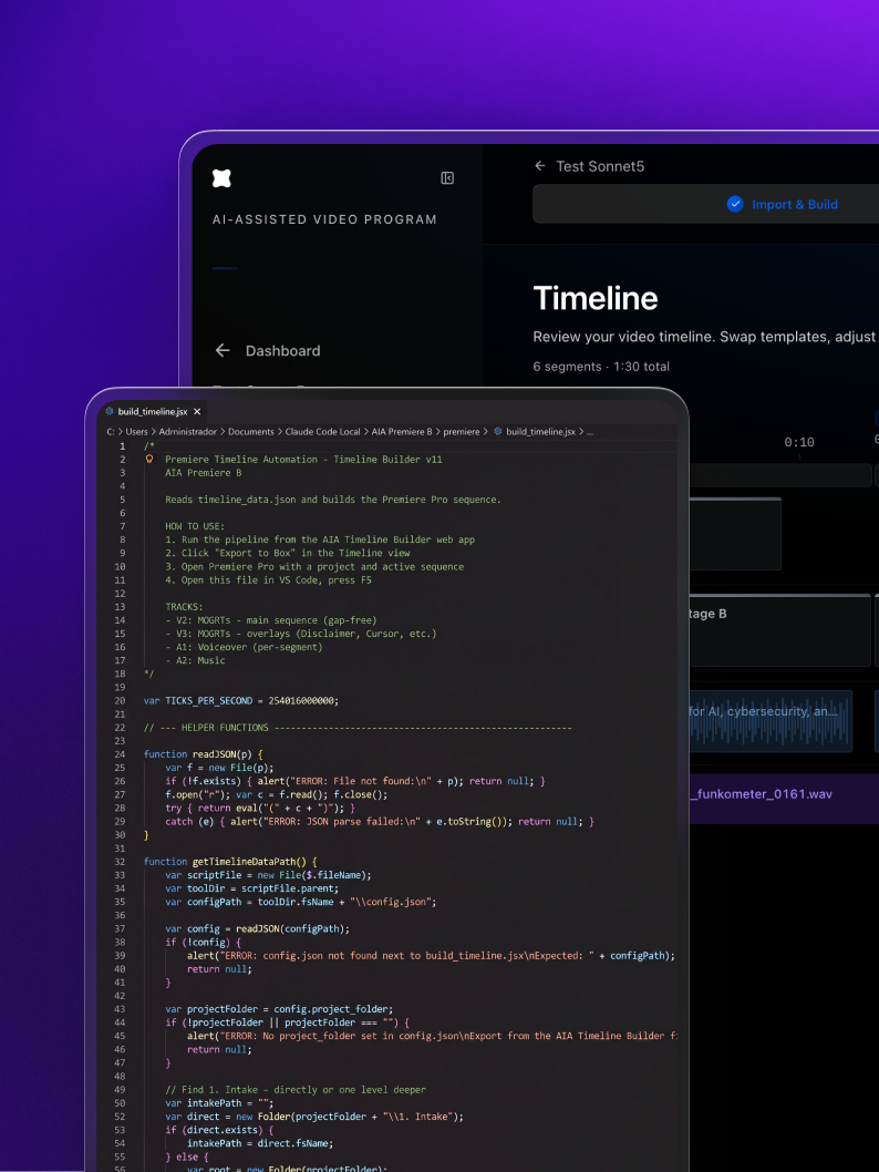 The build_timeline.jsx script Claude Code wrote to automate Premiere Pro, shown beside the AIA Timeline Builder web app it exports from.