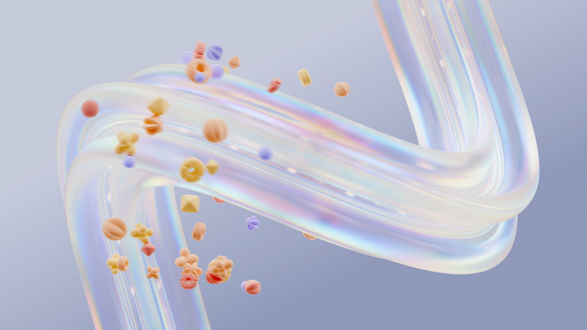 Abstract iridescent glass form curving through scattered pastel shapes, the opening visual for People Are the Proof.