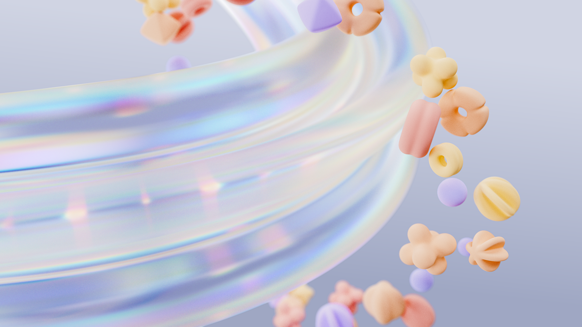 Iridescent glass ribbon sweeping past a trail of soft pastel forms, illustrating how digital experiences converge.