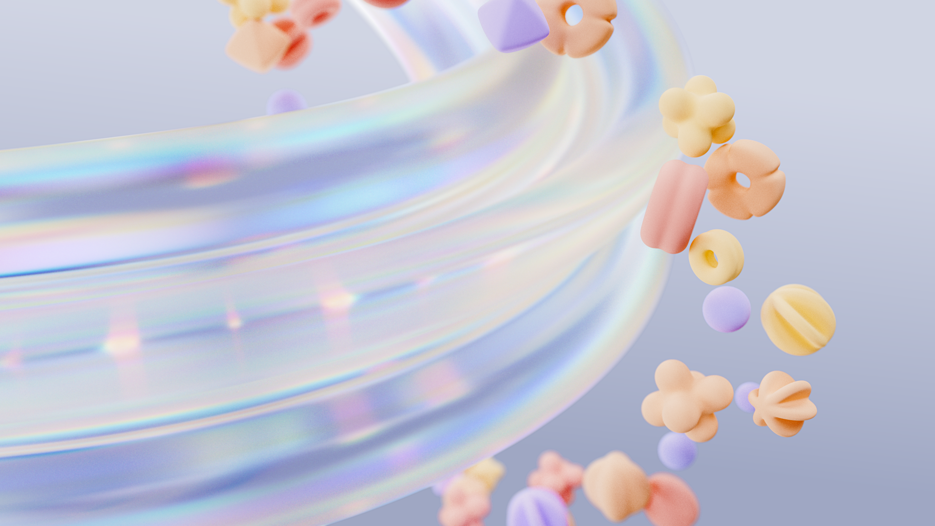 Iridescent glass ribbon sweeping past a trail of soft pastel forms, illustrating how digital experiences converge.