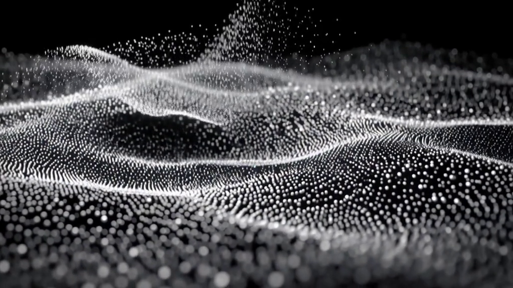 A plume of white particles rising off a rippling particle field on black.