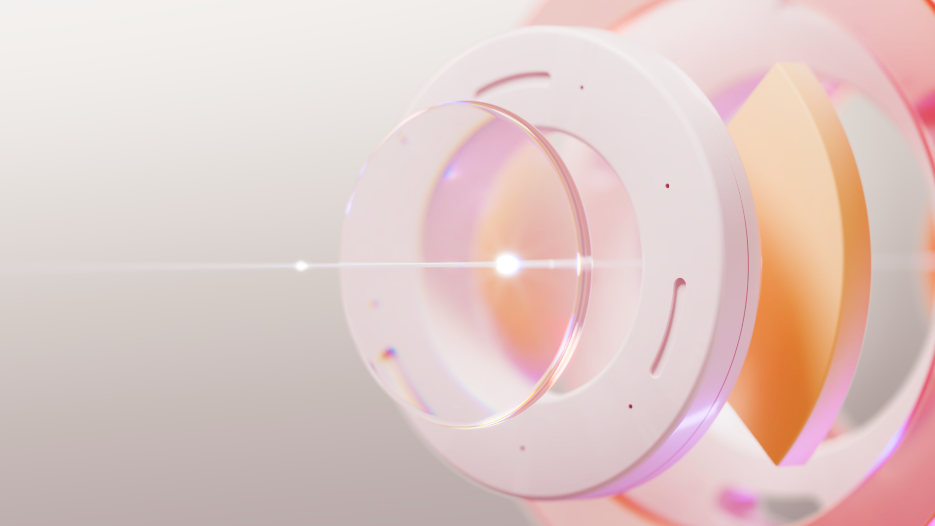 Close-up of a white ring around a clear glass lens with a pulse of light passing through the center, in front of orange and pink forms, illustrating a prototype that starts plain and gets truer over time.