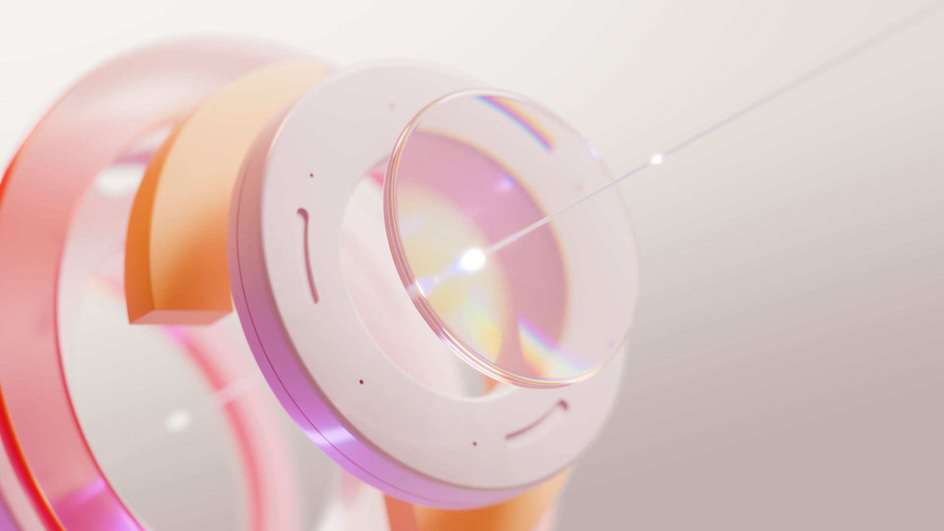 Angled view of white and pink glass rings with orange segments and a thin beam of light crossing them, illustrating a design system and a product growing together so the handoff stops being a cliff.