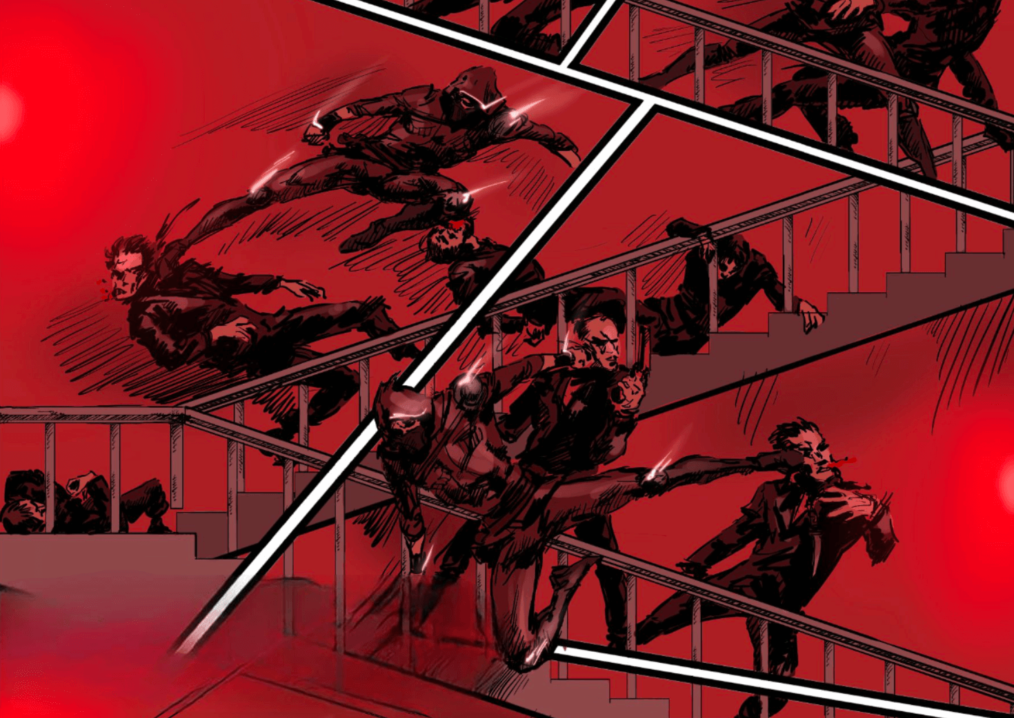 Hero fighting with men on the staircase