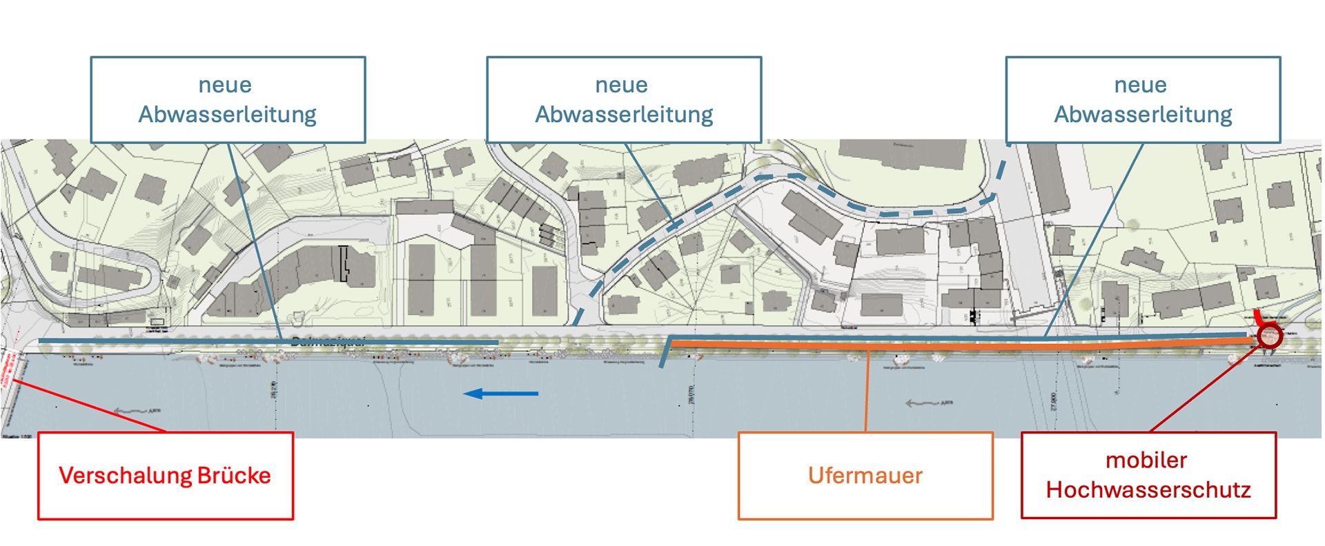 Karte mit den geplanten Hochwasserschutzmassnahmen
