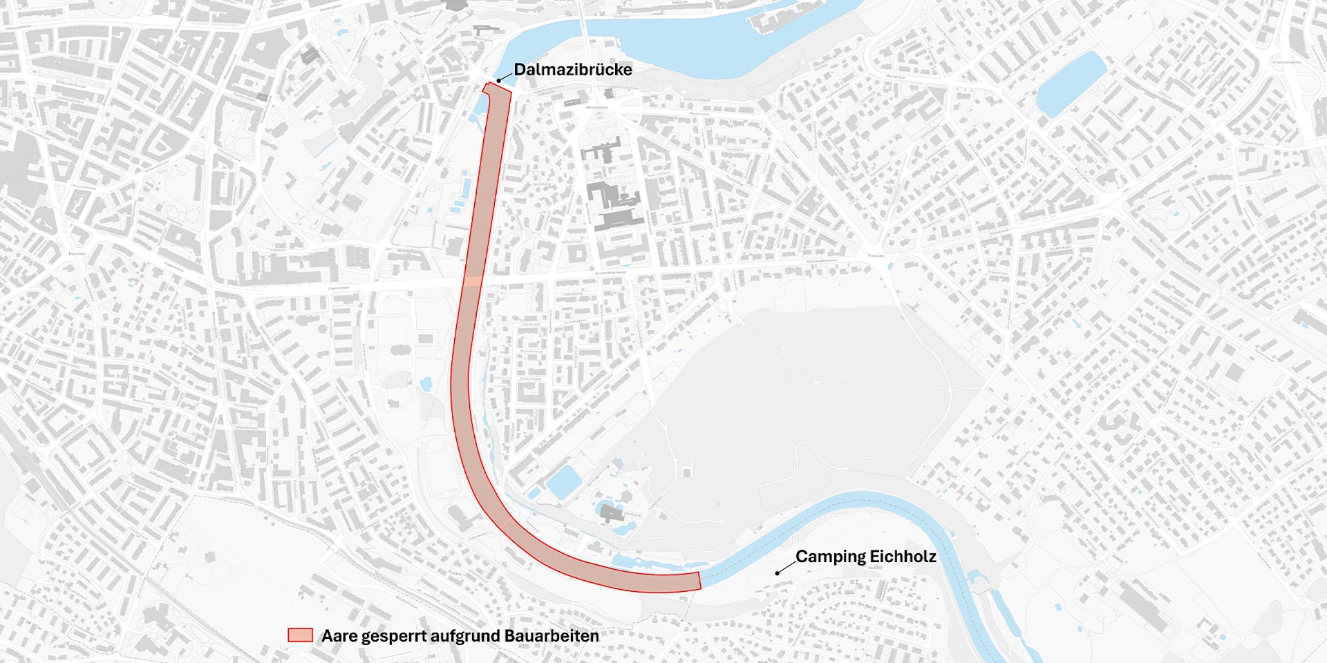 Karte der Gefahrenzone für Wasseraktivitäten zwischen Dalmazibrücke und Eichholz