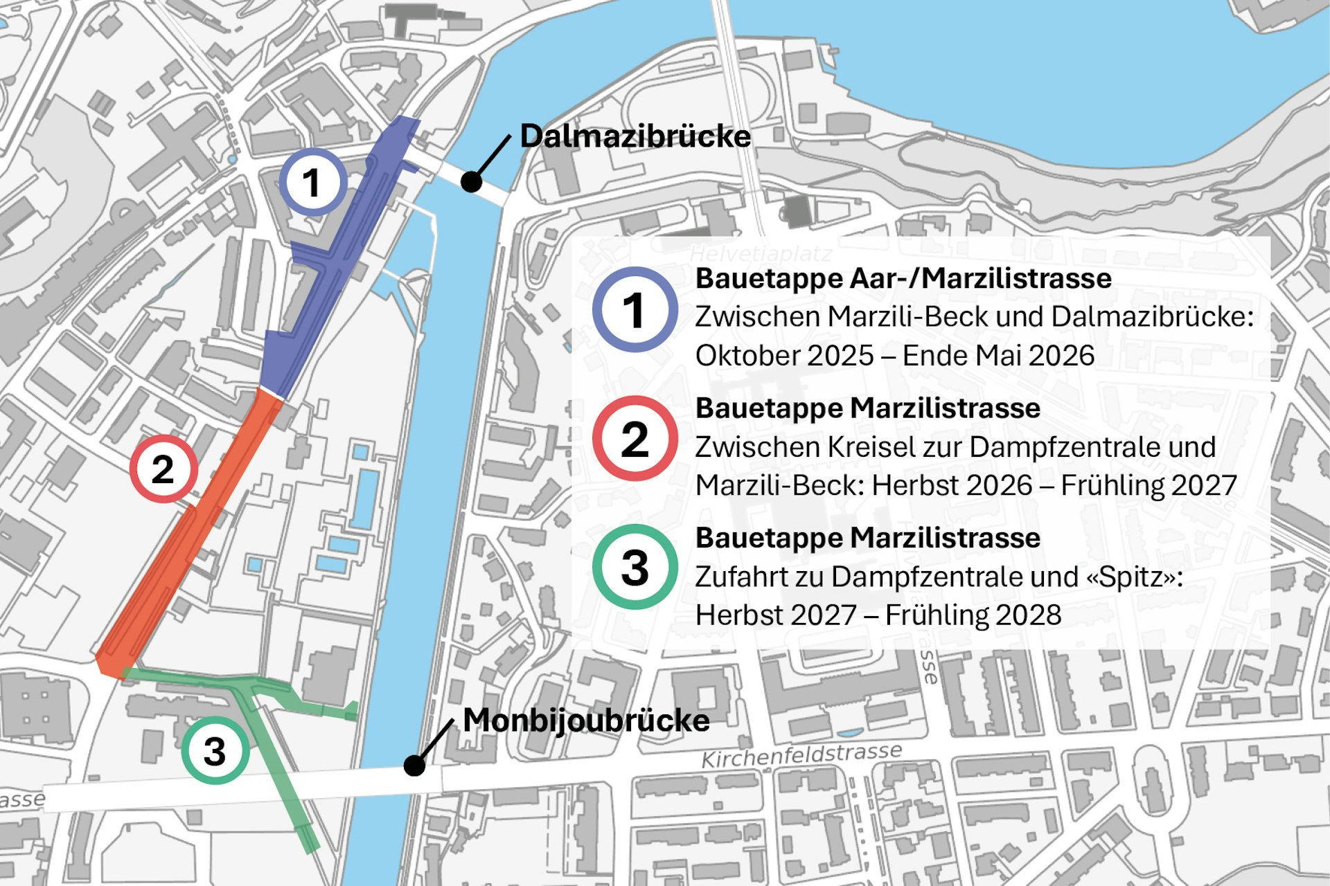 Plan der etappierten Werkleitungssanierung an der Aar- und Marzilistrasse durch Energie Wasser Bern.