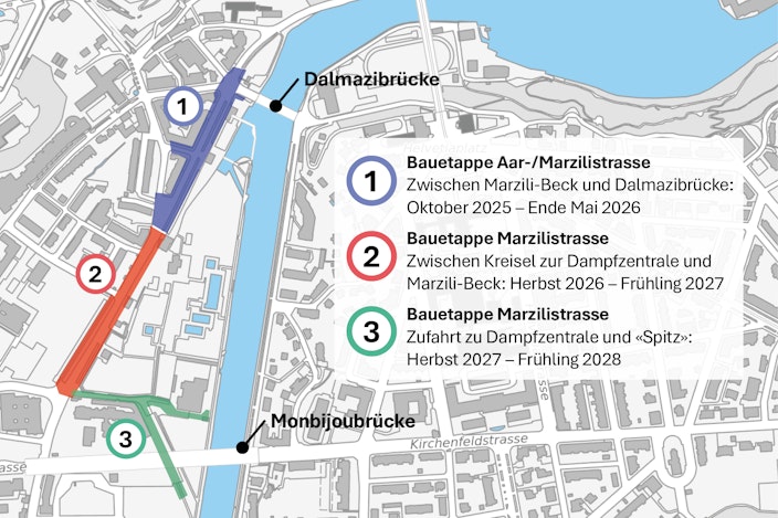 Plan der etappierten Werkleitungssanierung an der Aar- und Marzilistrasse durch Energie Wasser Bern.
