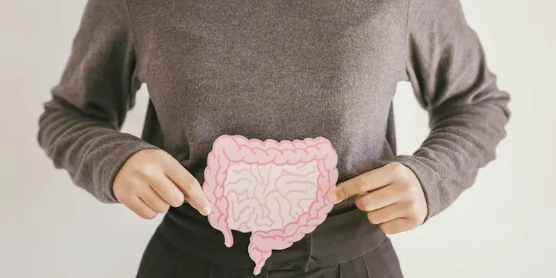 Imagem de uma mulher segurando uma representação de intestino, mostrando necessidade de repoflor.