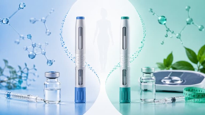 Canetas aplicadoras de medicamentos injetáveis ao lado de frascos e seringas com comparação entre tirzepatida e semaglutida no tratamento do diabetes tipo 2 e controle do peso.