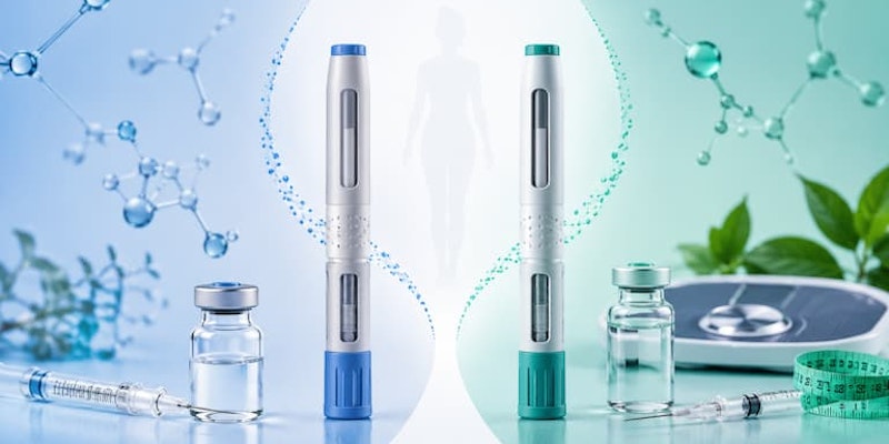 Canetas aplicadoras de medicamentos injetáveis ao lado de frascos e seringas com comparação entre tirzepatida e semaglutida no tratamento do diabetes tipo 2 e controle do peso.