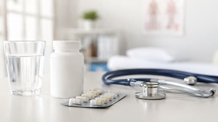 Frasco de medicamento, comprimidos, copo de água e estetoscópio sobre uma mesa de consultório, representando o uso de Clavulin no tratamento de infecções bacterianas.