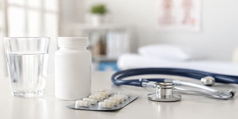 Frasco de medicamento, comprimidos, copo de água e estetoscópio sobre uma mesa de consultório, representando o uso de Clavulin no tratamento de infecções bacterianas.