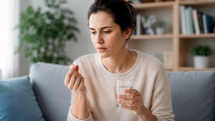 Mulher segurando um comprimido de ciprofloxacino e um copo de água enquanto observa o medicamento.