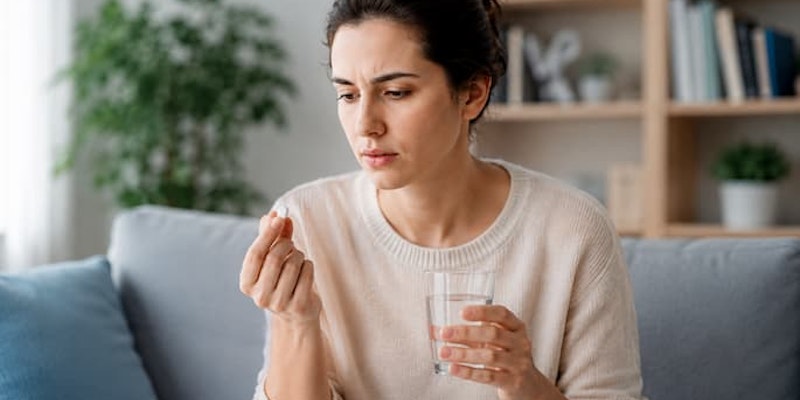 Mulher segurando um comprimido de ciprofloxacino e um copo de água enquanto observa o medicamento.