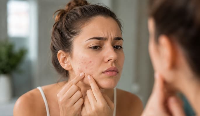doxiciclina-para-que-serve (2) Pessoa observando espinhas no rosto em frente ao espelho com acne inflamatória tratada com doxiciclina.
