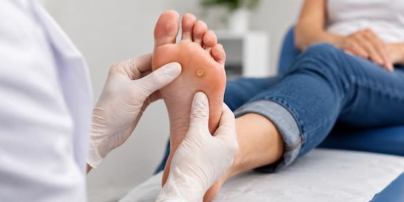 Profissional de saúde examinando uma lesão circular na planta do pé de um paciente com olho de peixe (verruga plantar).
