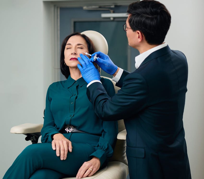 female client getting injection in her cheek by doctor