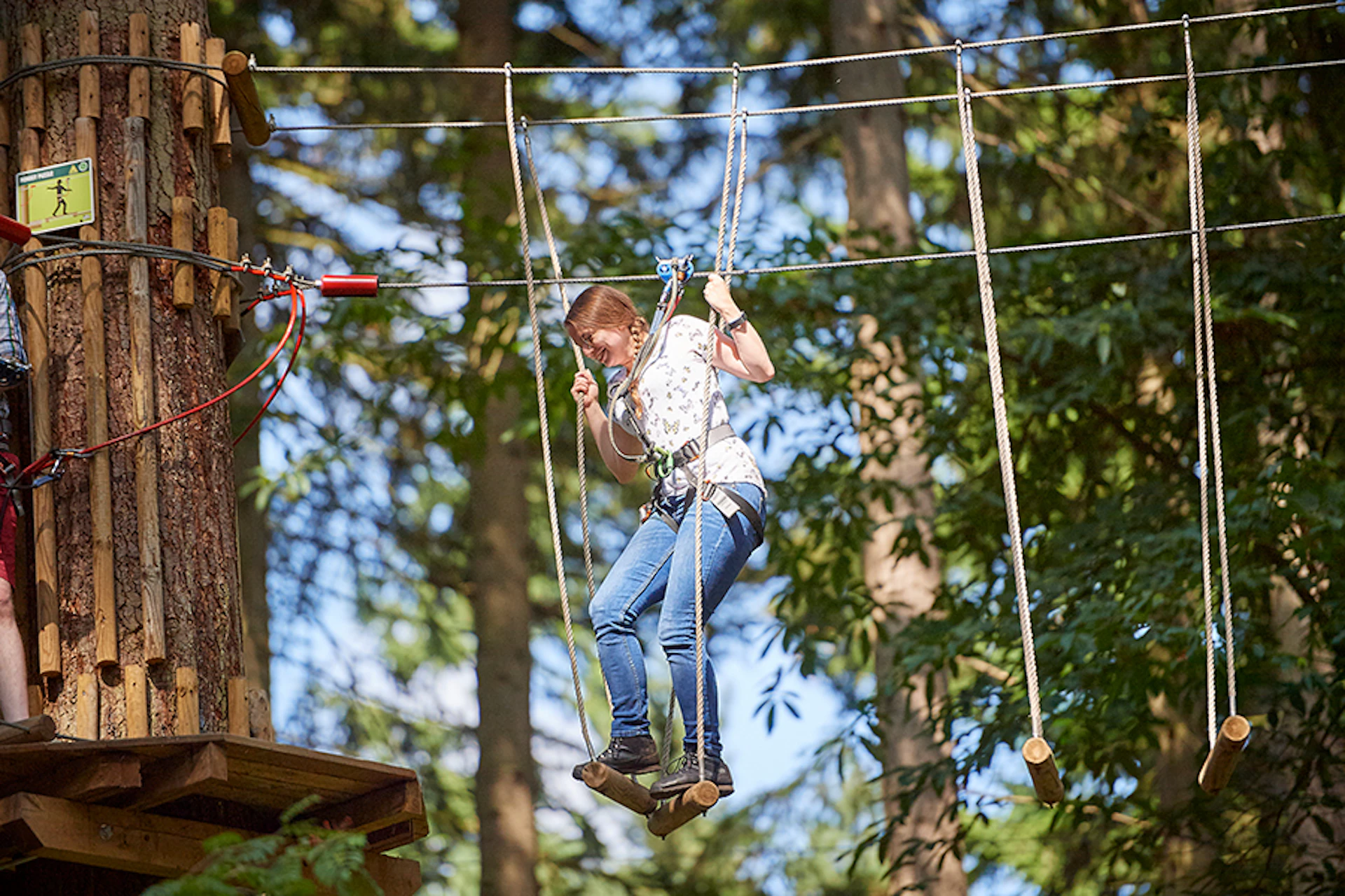 Person on a high ropes course.