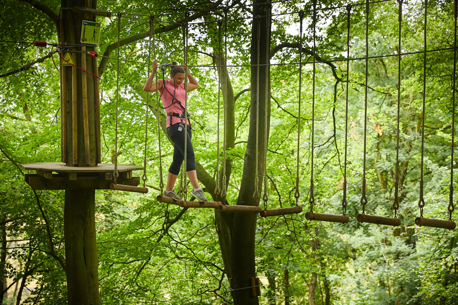 Person on a high ropes course.