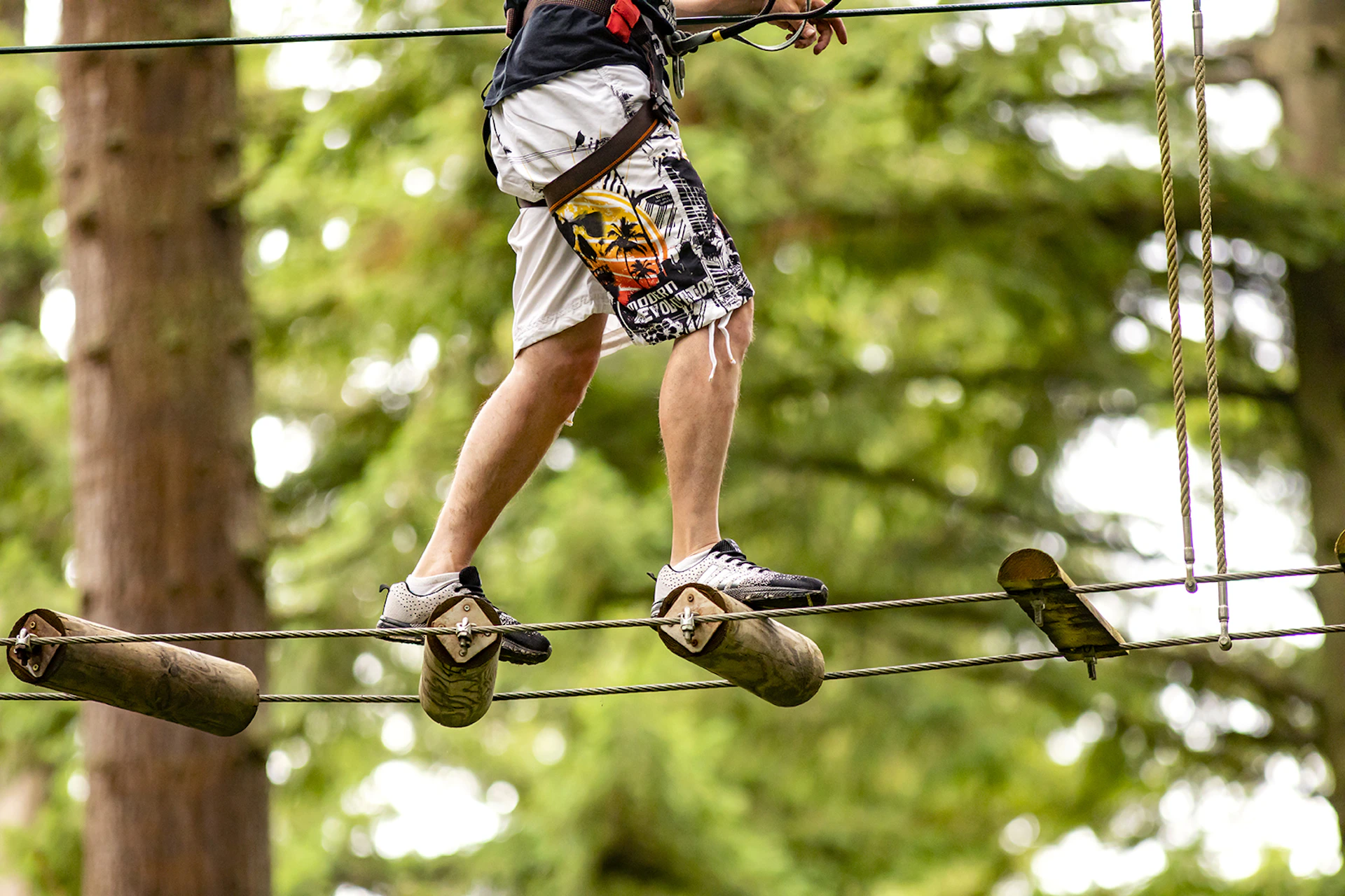 Focus on a person's trainers as they step across a high ropes crossing.