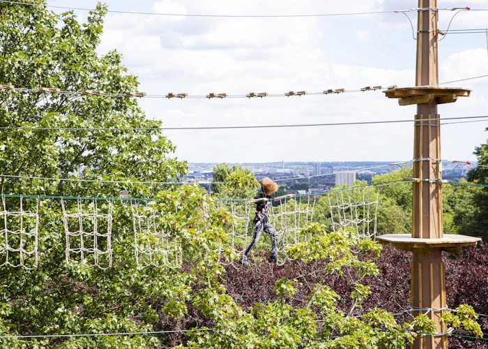 Person steps across a high ropes course with trees and city skyline in the distance.