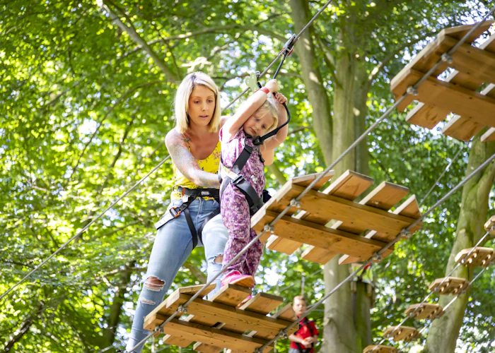 Adult helps a young person across a high ropes course.