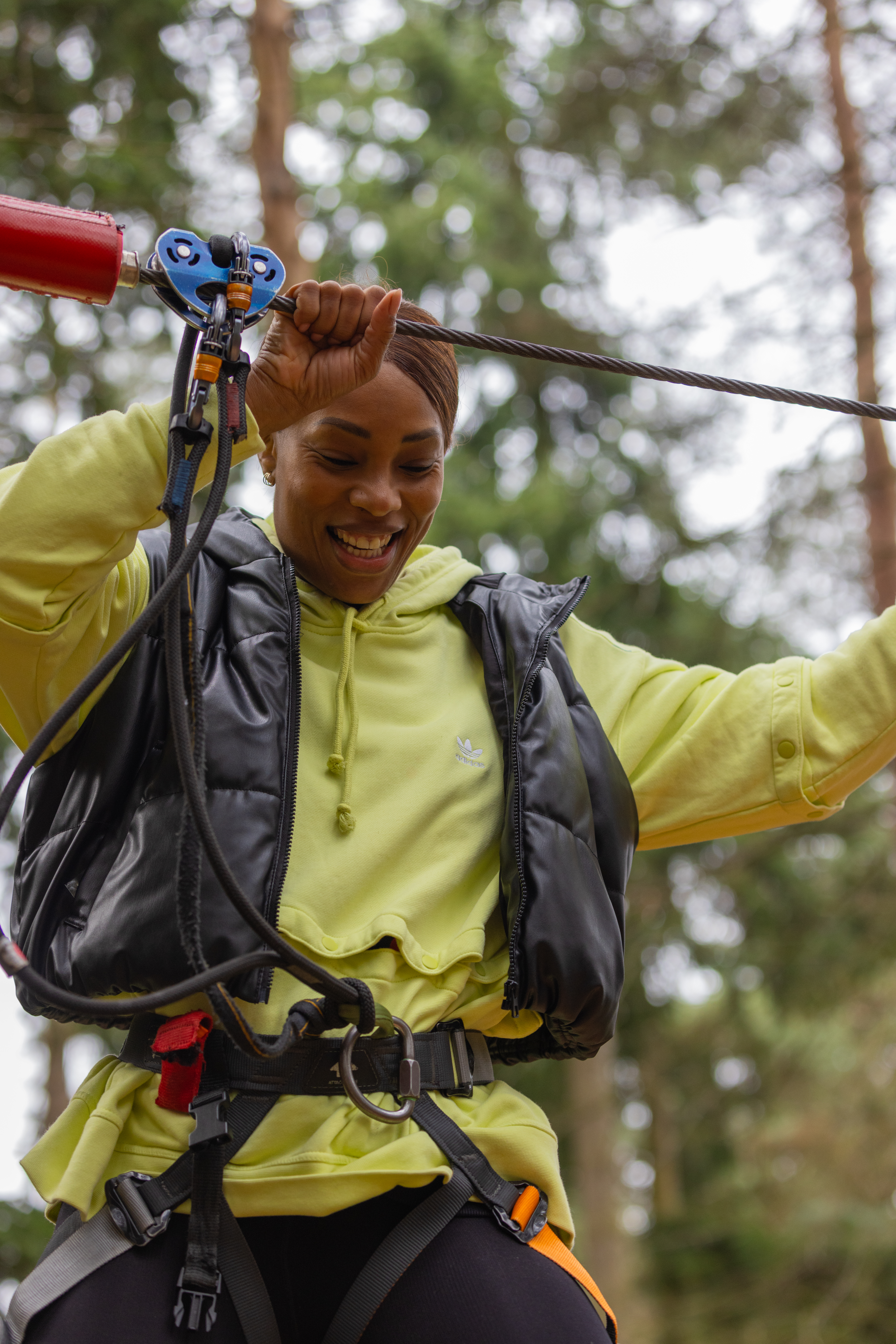 Person on a high ropes course.