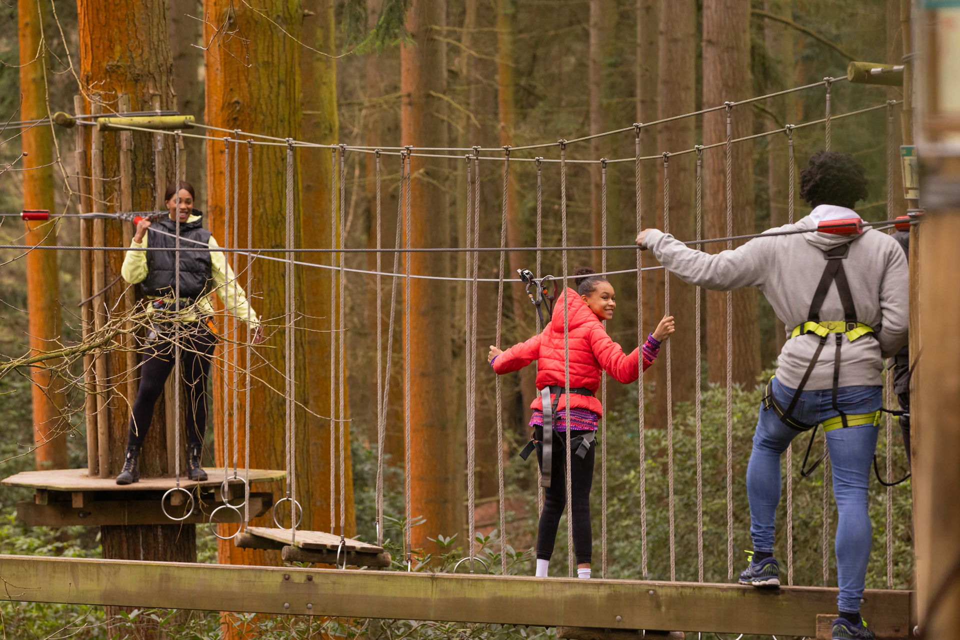 People on a high ropes course.