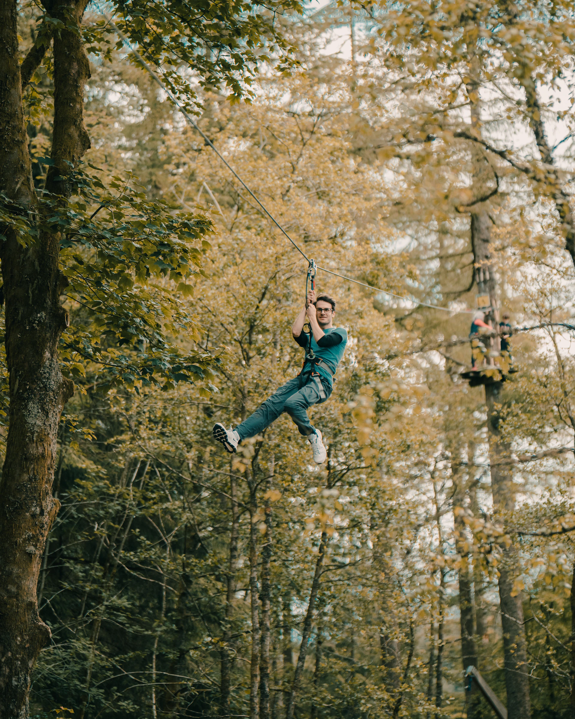 Person on a zipline in a forest.