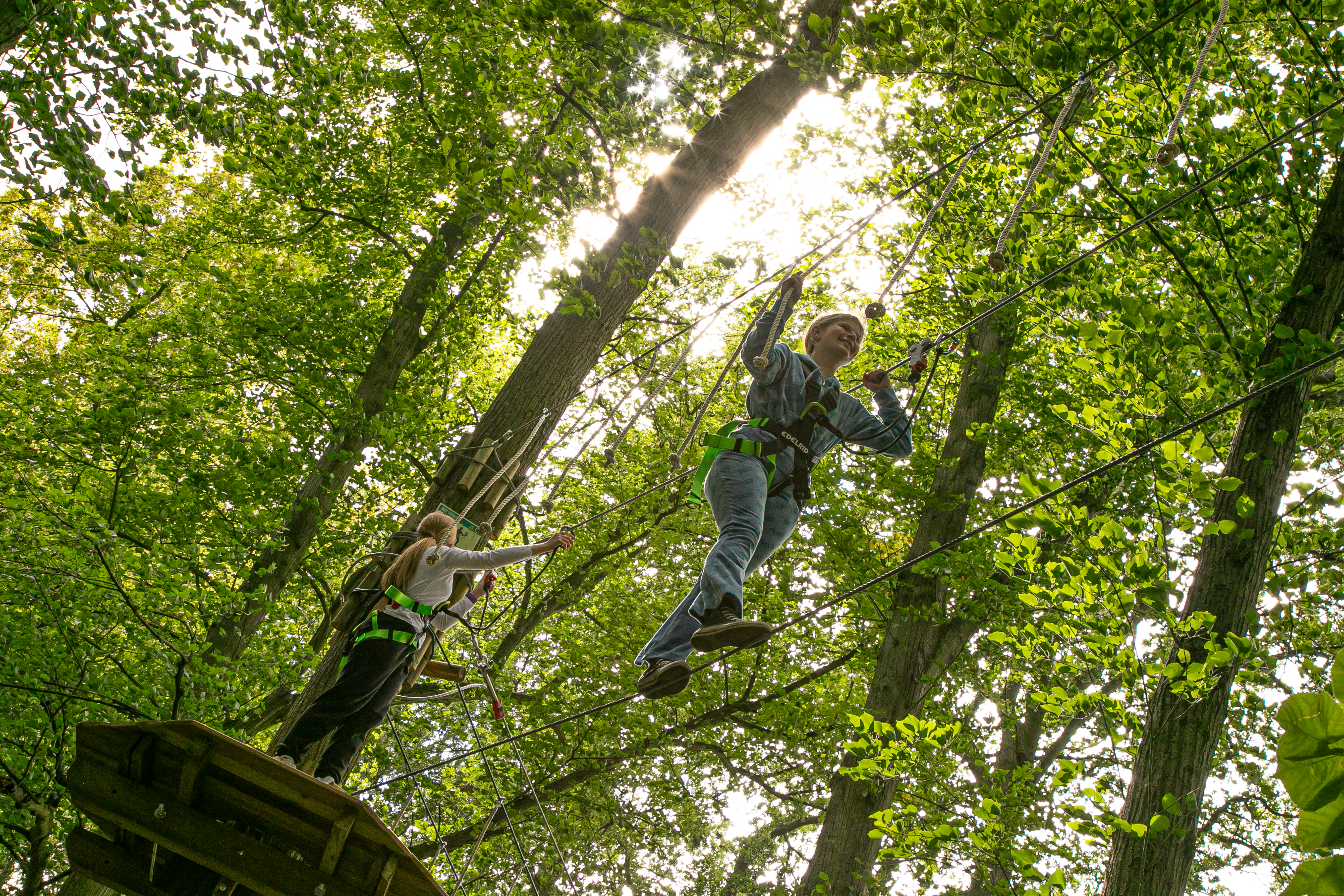 Young person on a high ropes crossing while another person waits on a platform.
