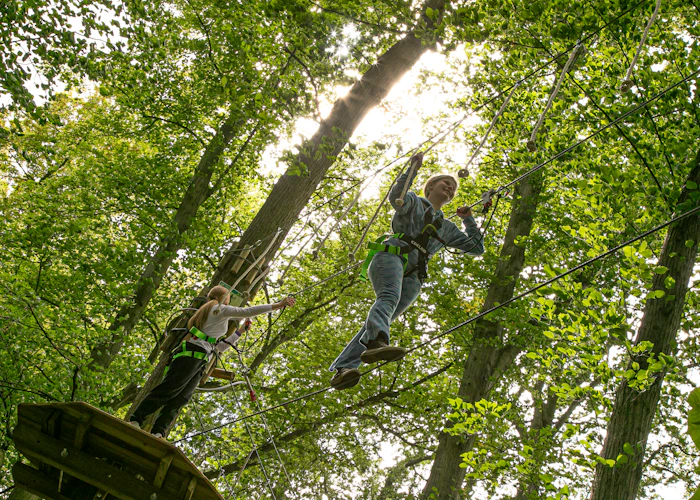 Young person on a high ropes crossing while another person waits on a platform.