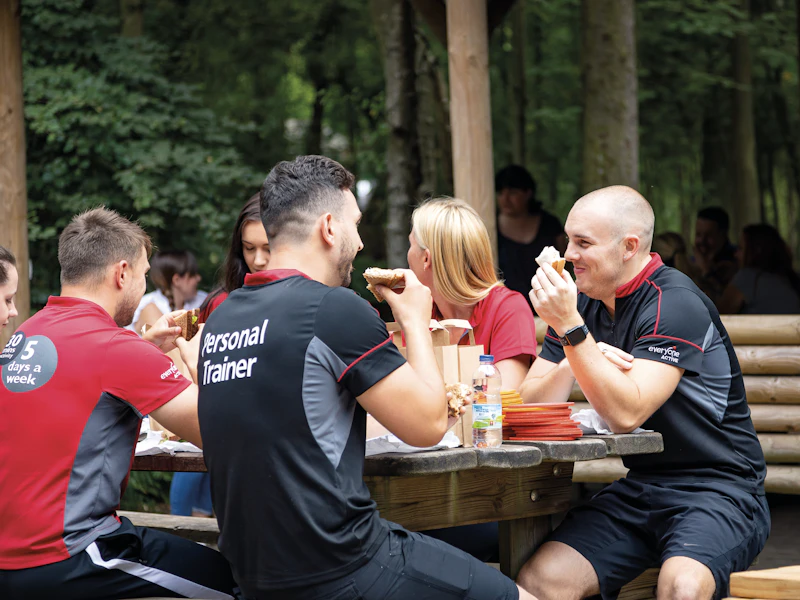 Catering in the Forest Shelter A group enjoy a meal in the Go Ape Forest Shelter