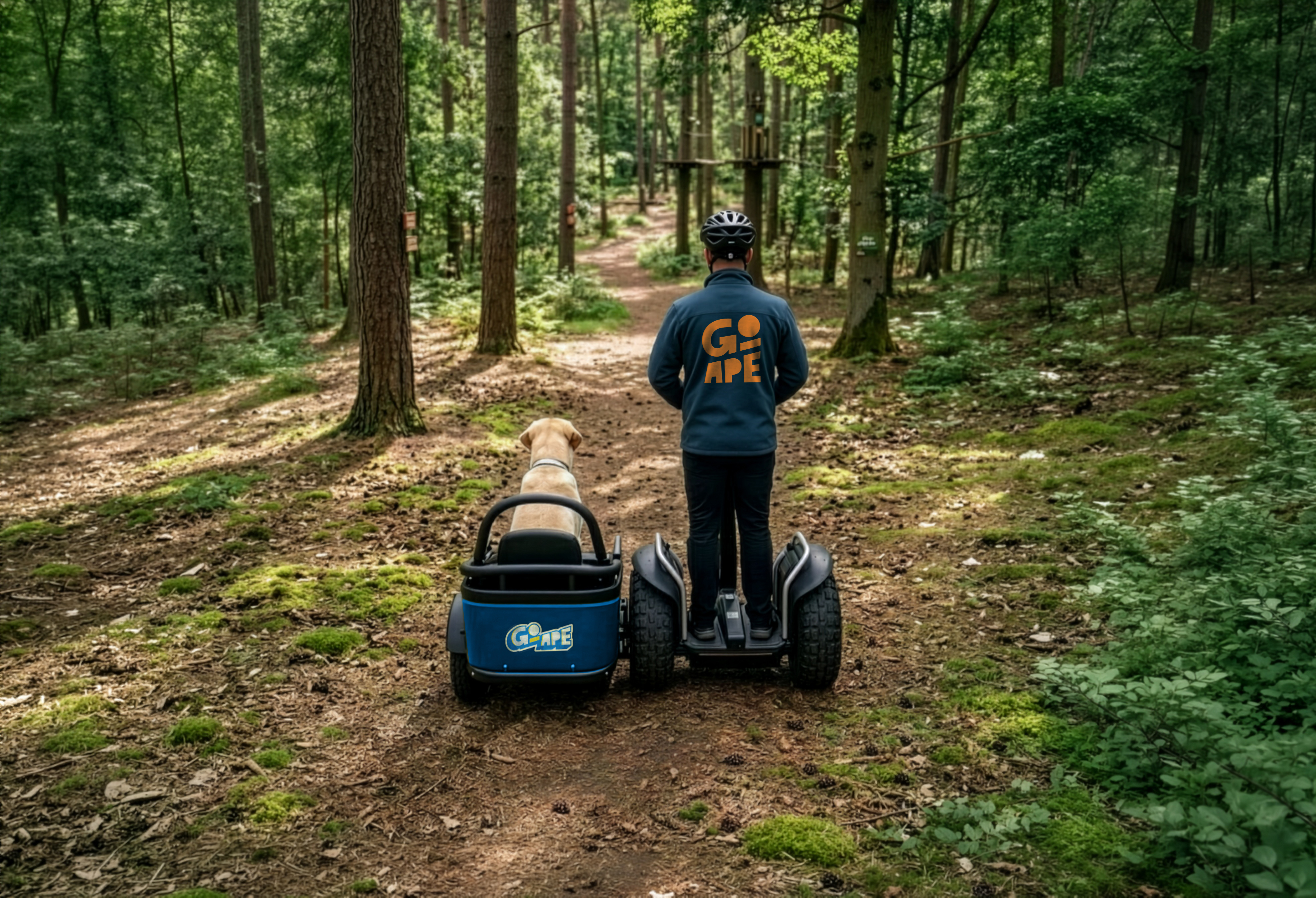 A Go Ape instructor and his dog riding a Forest Sidecar through the woods