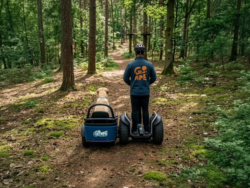 Instructor and dog Forest Sidecar A Go Ape instructor and his dog riding a Forest Sidecar through the woods