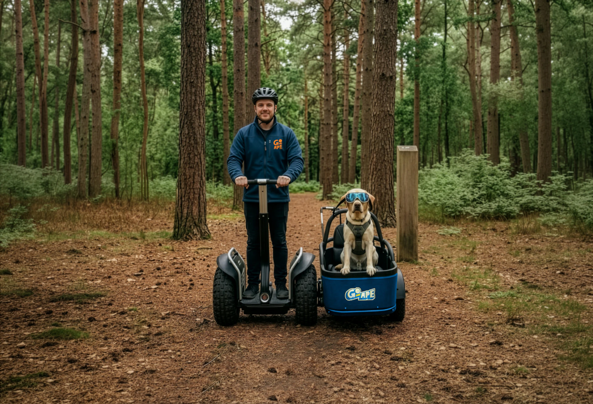 A Go Ape instructor and his dog ride a Forest Sidecar down a trail