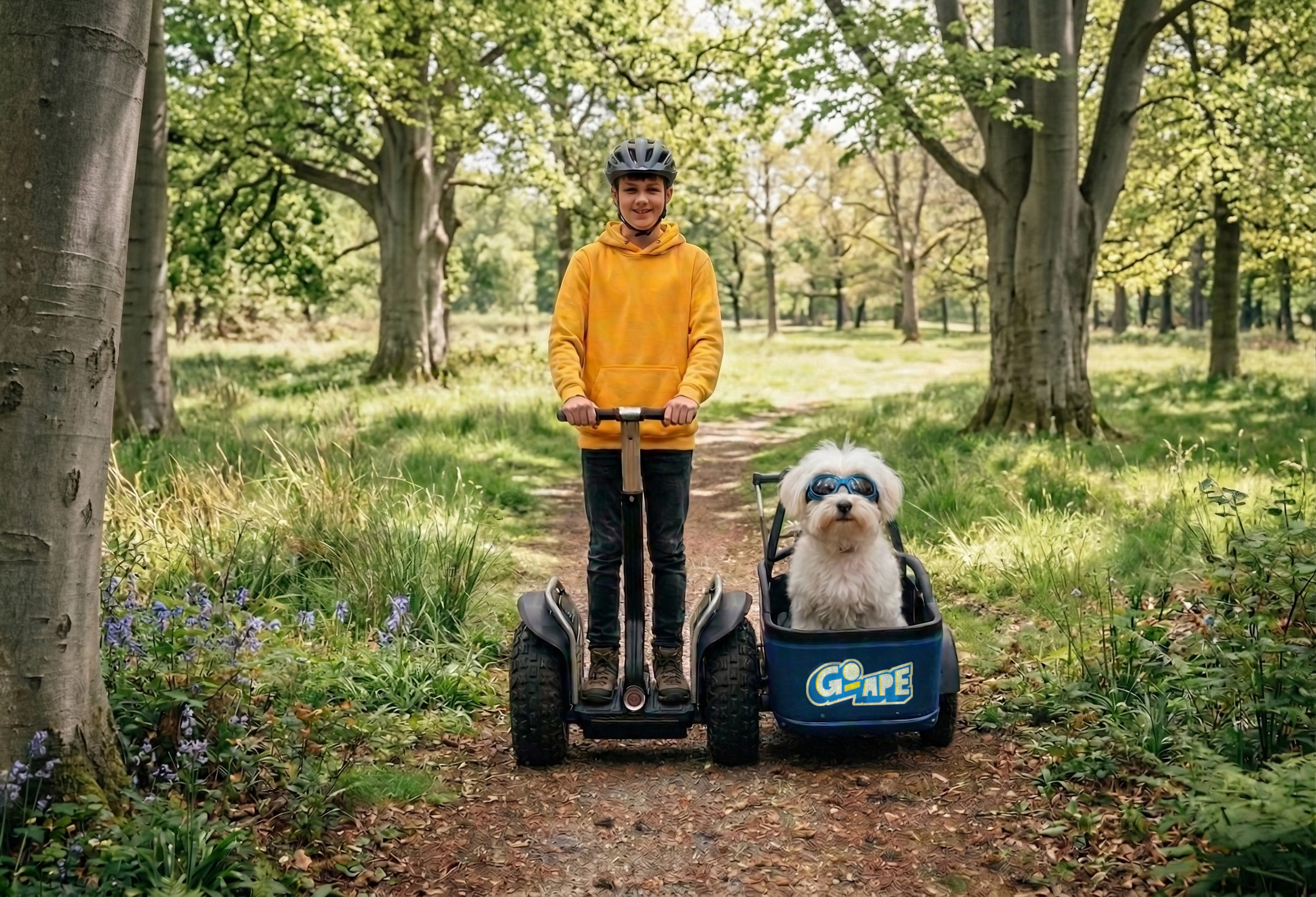 A teenager and his white fluffy dog ride a Go Ape Forest Sidecar down a woodland trail
