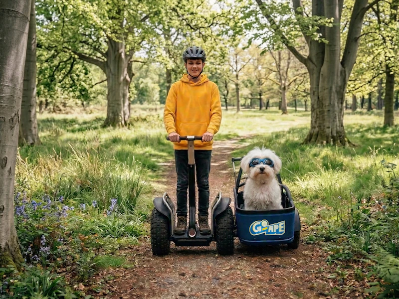 Teen and Dog Forest Sidecar A teenager and his white fluffy dog ride a Go Ape Forest Sidecar down a woodland trail