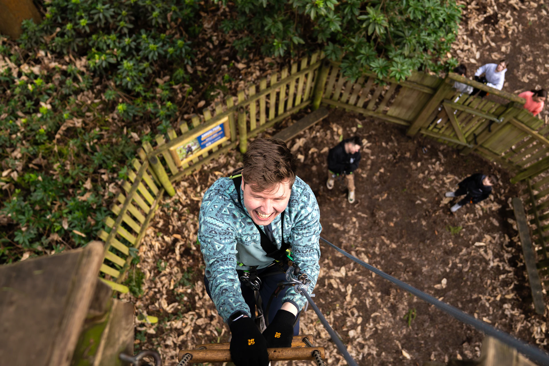 A man ascends a ladder on a Go Ape high ropes course