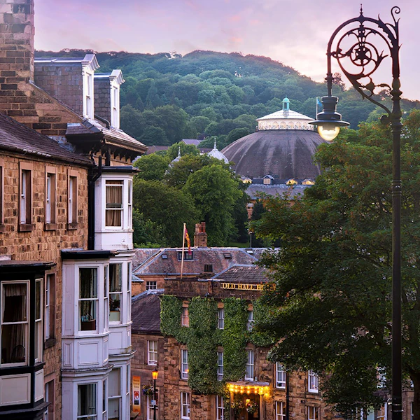 Characterful buildings and a street lamp in Buxton
